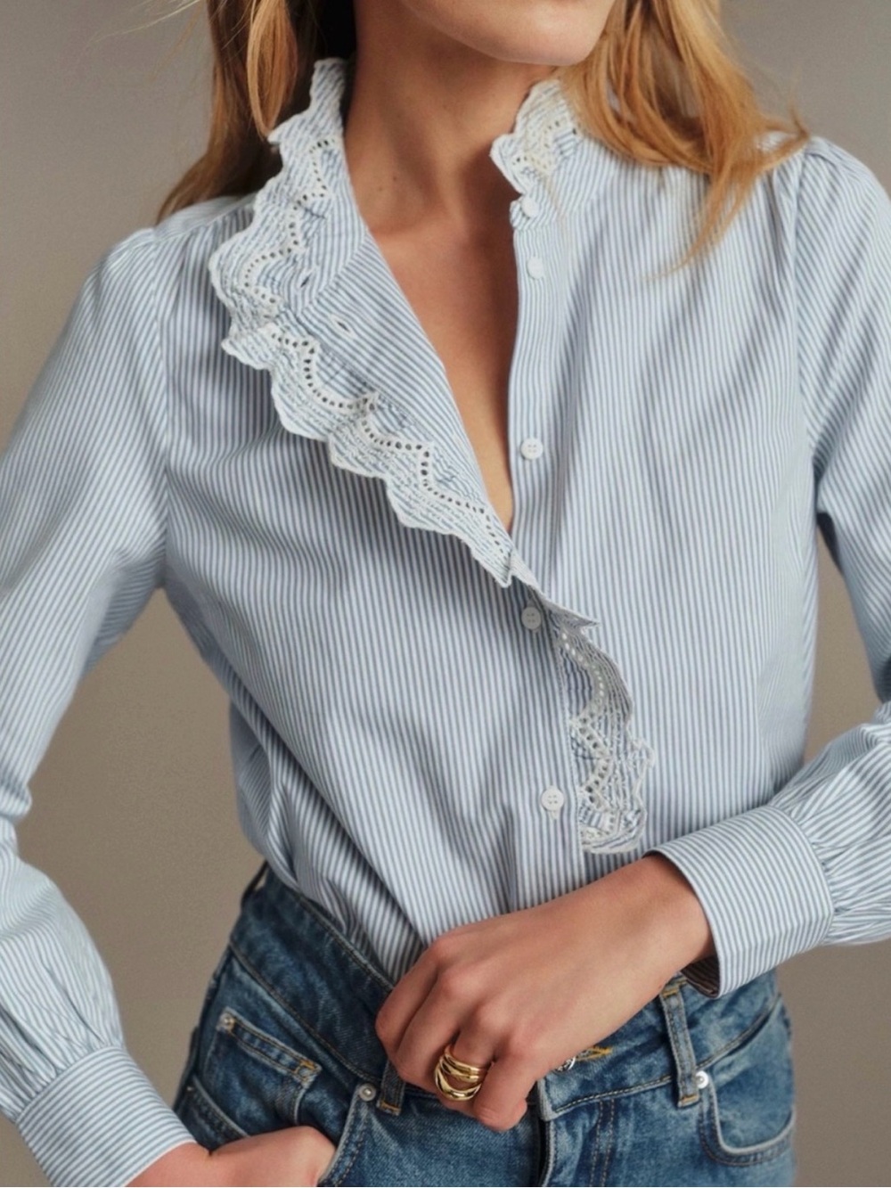 Sezane Chlo Shirt Blue and White Pinstripe Lace-Trim Button Down